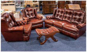 Traditional Four Piece Brown Leather Suite, comprising three seater settee, two wing-backed