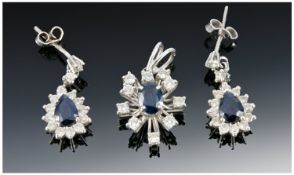 18ct White Gold Sapphire And Diamond Pendant And Earrings, The Drop Earrings With Central Pear