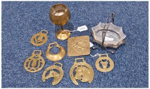 Collection of six Horse Shoe Brasses, Goblet, Dragon plaque, glass bowl in silver plated stand.
