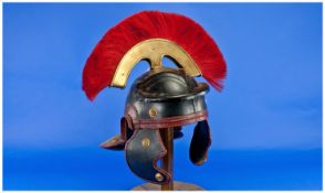 Centurion Style Helmet with Red Plume, Raised On A Wooden Stand.