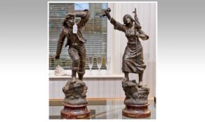 Two French Spelter Figures, Male And Female Figures Titled Au Secours & Le Sauveteur. Height 22