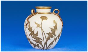 Royal Worcester Ivory and Gold Three Handled Snake Vase. With applied gold flower and leaf