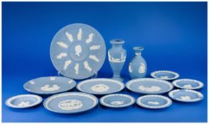 Small Collection of Blue Wedgwood Jasper Ware comprising assorted cabinet plates, bud vases and
