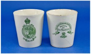 Pair of 1902 Royal Doulton Commemorative Beakers, of tapering form, each printed to side in
