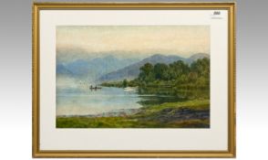 EDWARD H. THOMPSON Lake District scene with two men fishing in a boat, close to the shore on a