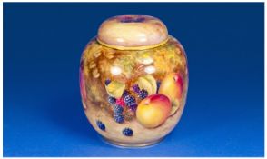 Royal Worcester Hand Painted Ginger Jar and Cover. Still life `Peaches, berries, grapes, bracken`.