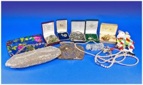 Collection Of Costume Jewellery And Oddments, Comprising Brooches, Locket And Chain, Earrings,