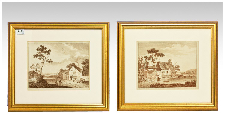 A Pair Of 18th Century Sepia Prints Of Country & Rural Scenes with figures. Plate number 2 & plate
