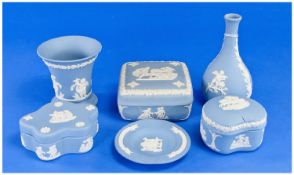 Six Pieces Of Wedgwood Jasper Ware, Comprising Vases, Trinket Boxes etc. 2 Pieces A/F