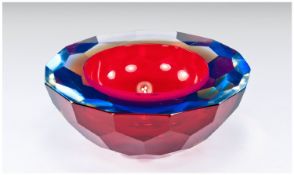 Heavy Ruby Glass Bowl with quadrilateral and hexagonal facets to exterior, ruby colouring to