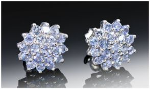 Tanzanite Pair of Cluster Earrings, round cut stones in a circular floral formation, butterfly