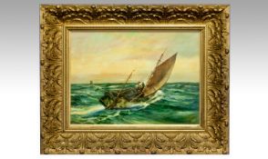 W.W.Miller `Seascape` boats in rough waters. Oil on canvas. Signed. 11.5x15.5``. Good frame & behind