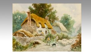 F.H. Tyndale (active 1900-1920), ``A drover with sheep passing a rural cottage``. Watercolour, 9.