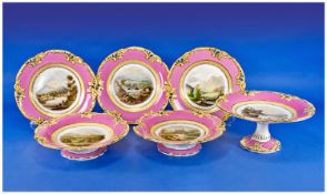 Hand Painted Part Dessert Service comprising three plates, one comport and two low comports each