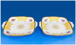 Coalport Fine Pair of 19th Century Decorative Two Handled Sandwich Plates with gold leaf borders.