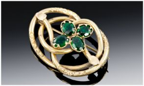Victorian Base Metal Knot Brooch, Set With Four Green Stones.