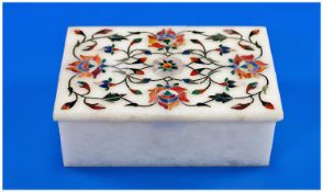 A Pietra Dura Topped Box. Rectangular with lift off lid. The lid inlaid in a floral pattern with