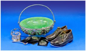 Box Of Assorted Collectables comprising opaline bowl, Welsh clogs, coins etc.