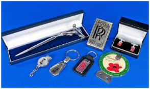 Rolls Royce Interest, Collection Of Items Comprising Flying Lady Letter Opener, Car Badge, Boxed