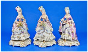 Italian 20th Century Ceramic & Lace Figures, 3 in total. Ladies in 18th Century dress with baskets