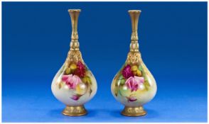 Royal Worcester Pair Of Hand Painted Teardrop Shaped Vases `Roses` Still Life. Signed F.Harper. Date