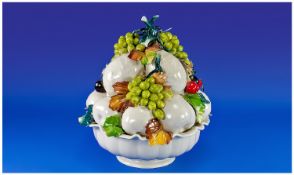 Large Capodimonte Ornamental Bowl with Fruit, the white bowl with ceramic life size fruit shapes,