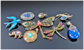 A Good Selection of Insect and Bird Brooches, stone set and enamel. Plus pendant drop, some