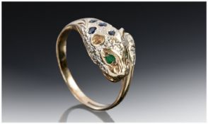 9ct Gold `Panther Head` Ring, Set With Sapphires And Diamonds, Fully Hallmarked, Ring Size S