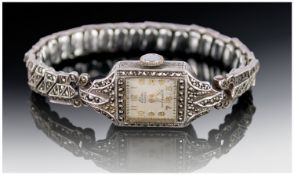 Elco Ladies 1920`s Silver and Marcasite Wristwatch. 15 jewels.