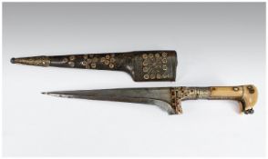 A Persian Ceremonial Dagger (Pesh Kabz) With Wooden, Leather Covered Scabbard. 18th/19th Century.