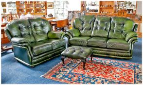 Classic Green Leather Three Piece Suite, comprising three seater settee, two seater settee and a