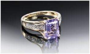 9ct Gold Amethyst And Diamond Ring, Fully Hallmarked, Ring Size M.