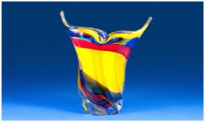 Murano Primary Colours Glass Vase, flattened, twisted trumpet shape with rim pinched to opposing