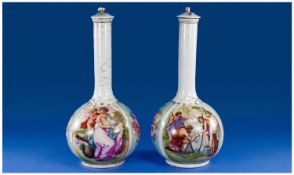 Pair of Dresden Bottle Vases and Covers each having two opposing panels of printed scenes after