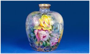 Royal Bonn Fine Ovoid Shaped Vase with roses, bridge and lake scene images. Circa 1900, height 7.