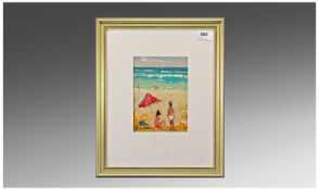 Barry Chamberlain `On the Beach` Framed Oil. 5.5 by 7.5 inches. Gilt frame.
