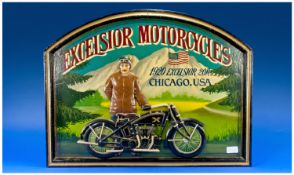 Wooden Motor Cycle Sign, `` Exceisior Motorcycles - 1929 Excelsior 20R Chicago USA``. 27 1/2`` x