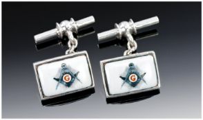 Gents Silver Cufflinks, With Rectangular Enamelled Fronts Showing Masonic Emblems.