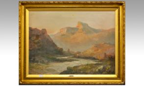Oil On Canvas, Painted In Pastel Colours, River Running Through A Highland Scene. Period gilt frame.