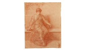 19thC Pre-Raphaelite Study Of A Maiden, Conte Crayon Drawing Highlighted in White Chalk, Classical