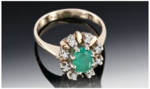 14ct Gold Emerald And Diamond Cluster Ring, Central Emerald Surrounded By Eight Round Cut
