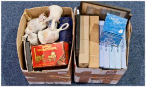 Two Boxes of Miscellaneous, comprising five boxed Wedgwood Royal commemorative plates, ceramic