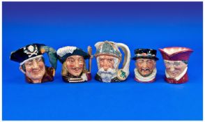 Royal Doulton Character Jugs (5 in total) 1. Long John Silver D6386, 2. Aramis D6454, 3. Don Quixote