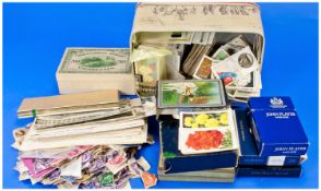 Three Tins of Mixed Cigarette Cards playing cards and assorted stamps.