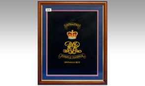 Modern Framed Embroidered Royal Military Police Insignia in gilt and silvered bullion on a black
