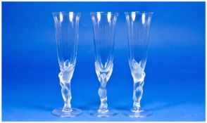 Igor Carl Faberge Three `Snow Dove` Crystal Champagne Flutes, Sculptured In Fine French Crystal,