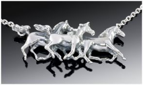 Silver Necklace With Novelty Pendant Drop In The Form Of Three Horses.