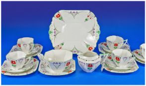 Shelley Art Deco 22 Piece Tea Set ``Pansies``, Pattern number 11734.  Orange pansy with green leaves