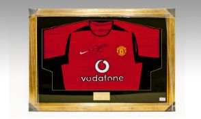 Manchester United Red Vodafone Football Shirt Signed By David Beckham. Framed. Certificate of