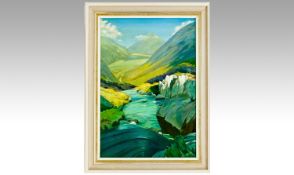Ken Latham Framed Oil on Board `Mountain Landscape with Flowing River`. Signed lower right. 20 by 28